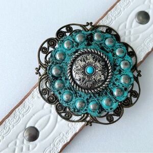 Vintage Leather Bracelet 7” to 8” White Colored with Turquoise Color Flower
